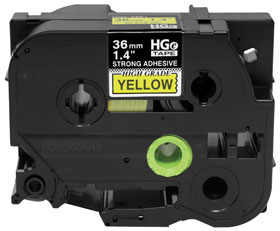 BROTHER MOBILE, HG EXTRA STRENGTH ADHESIVE TAPES, (5 PACK) - 1.4 IN X 26.2 FT (36MM X 8M) BLACK ON YELLOW